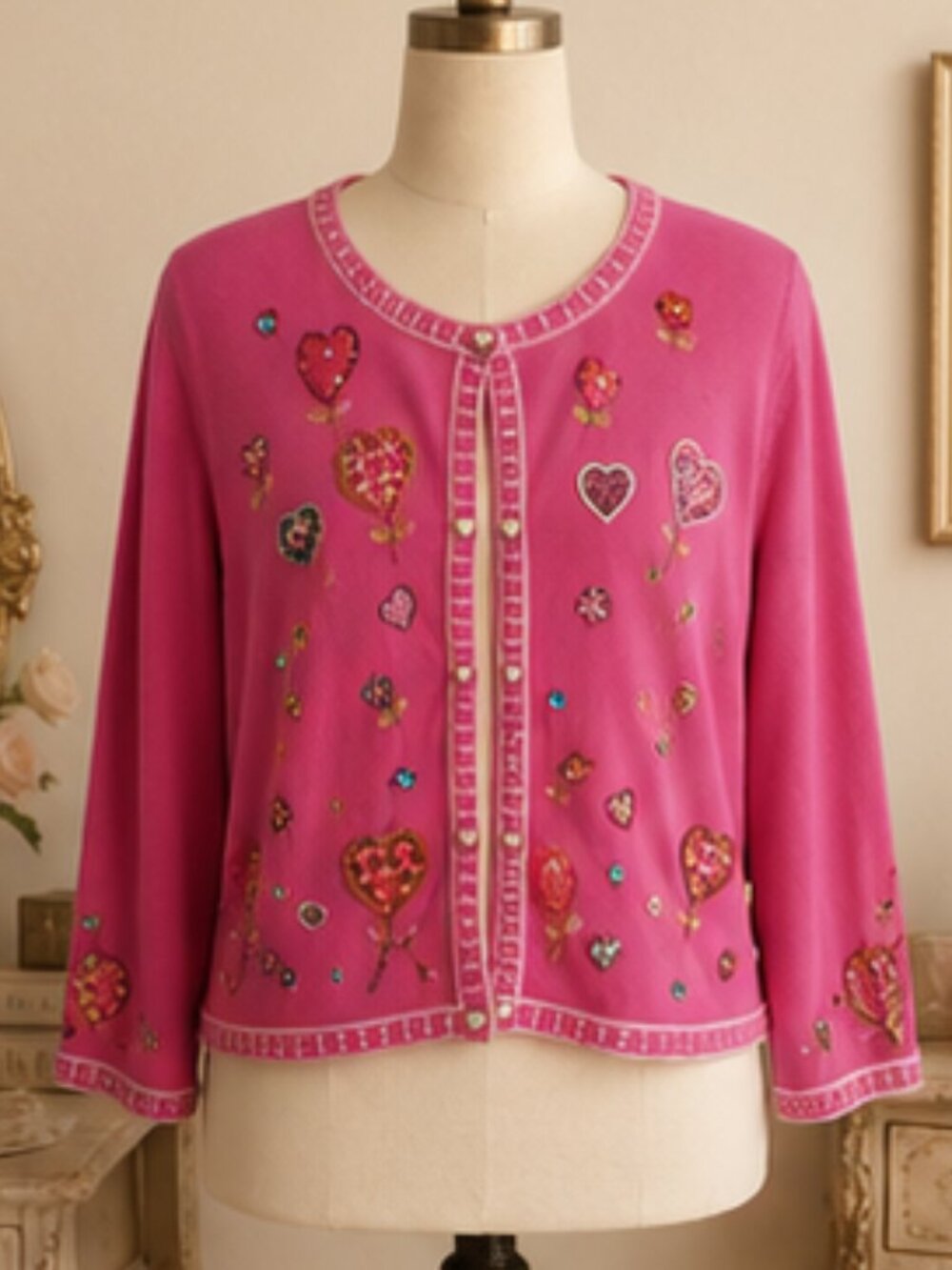 Collectible Pink Embellished Heart Cardigan M Coquette Y2K Statement Knit Just B